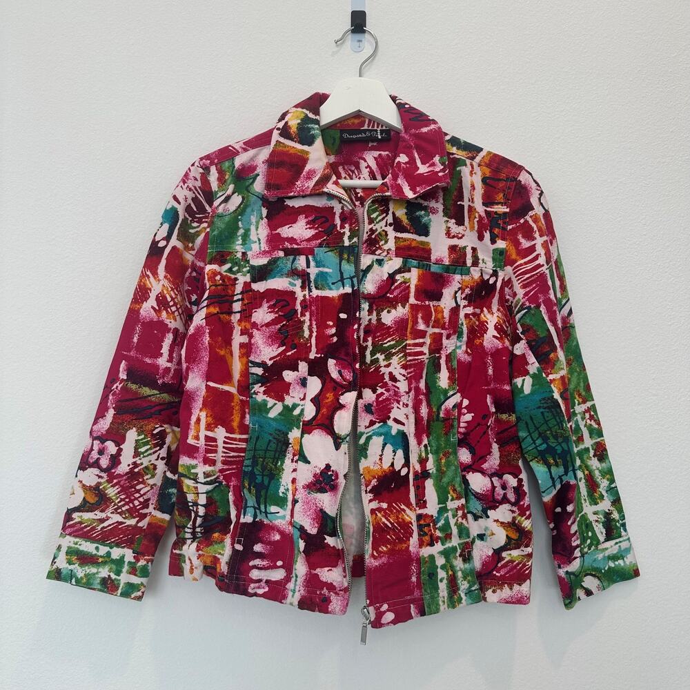 Diamonds and Pearls floral abstract colorful collared zip up blazer jacket PS